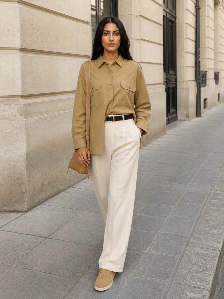 Prada camel military shirt wide leg trousers