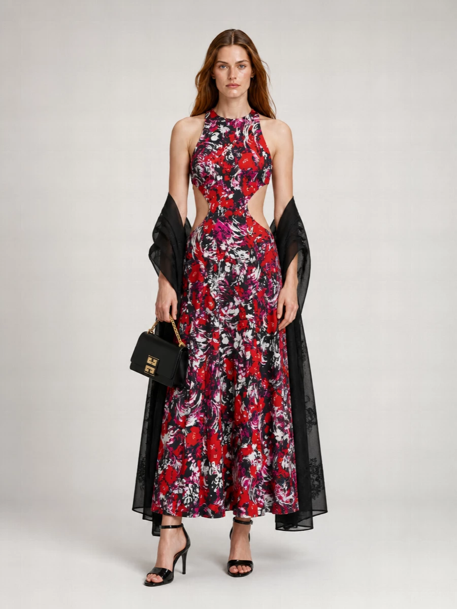 Givenchy Floral-Print Sleeveless Cutout Maxi Dress