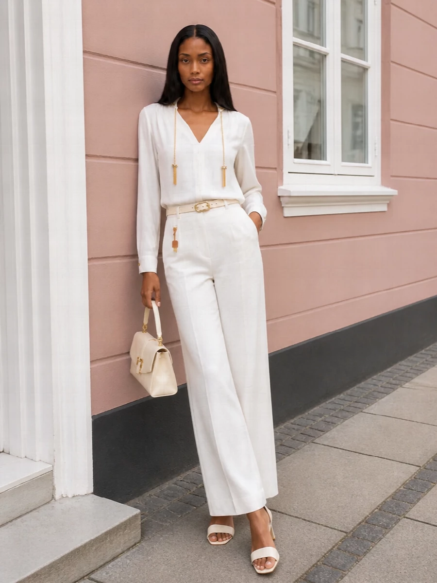 Elisabetta franchi ivory wide leg trousers outfit