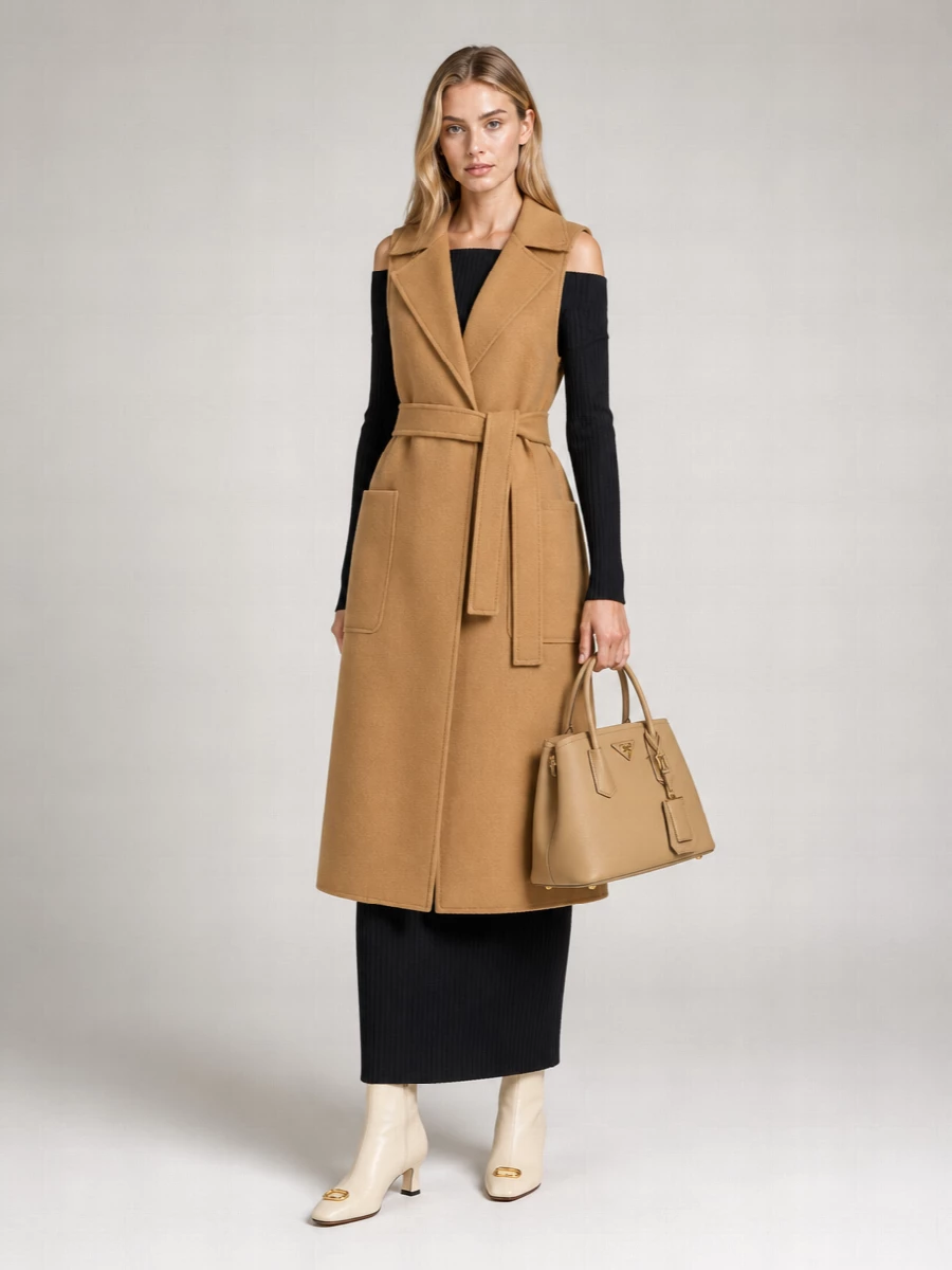 Max Mara Camel Hair Sleeveless Belted Single Breasted Coat