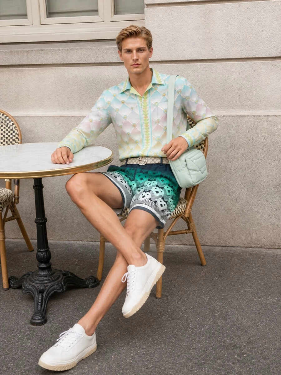 This look leans into Casablanca’s resort-preppy fantasy with the heart-chevron shorts grounded by a fluid pastel silk shirt that softly echoes their mint and aqua tones. Clean Thom Browne sneakers and a pale mint Bottega crossbody keep the palette light and cohesive, while the subtle GG belt adds just enough logo polish at the waist. The result is an easy, Riviera-ready outfit that feels graphic yet refined for FW city or getaway dressing.