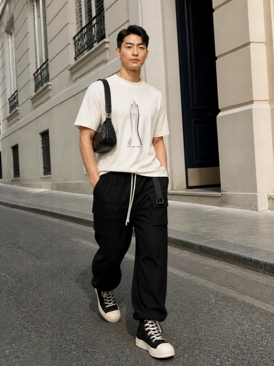 Drkshdw longline tee wide leg cargo pants outfit