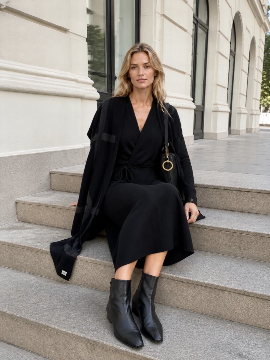 Extreme cashmere wrap sweater black knit midi skirt