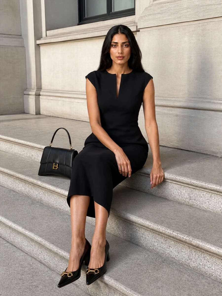 Architectural black from head to toe lets the Gucci patent pump and its gold hardware read as a considered, graphic accent rather than a statement logo. The Balenciaga sheath keeps the silhouette long and pared back, while the structured top‑handle bag reinforces the same quiet, boardroom‑to‑dinner restraint. This path beats tailoring separates here, because the clean column of a dress honours the shoe’s refined minimalism without adding competing seams or details through the leg line.