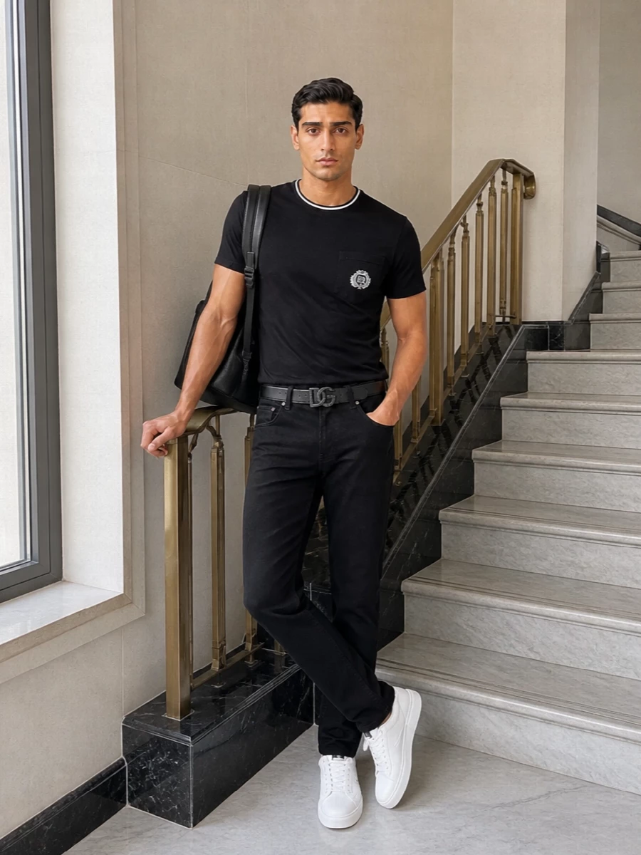 A monochrome Dolce&Gabbana uniform built around the crest-pocket tee, sharpened with slim black five-pocket trousers for a clean, elongated line. Crisp white sneakers echo the contrast collar and logo detailing, while the textured leather belt and structured backpack keep the vibe streetwise yet distinctly quiet luxury. It is a polished, easy city outfit that reads intentional without ever feeling overdone.