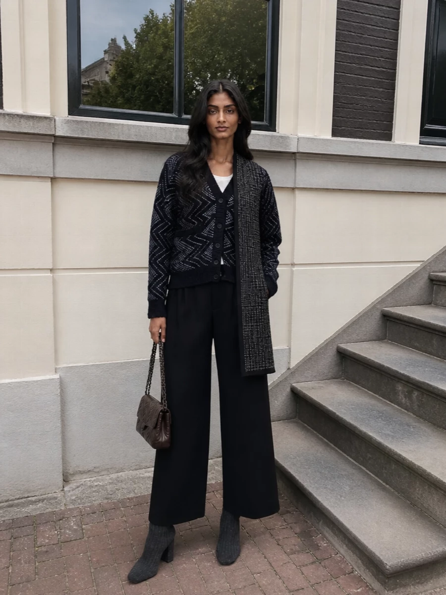 Missoni cardigan black wide leg pants outfit