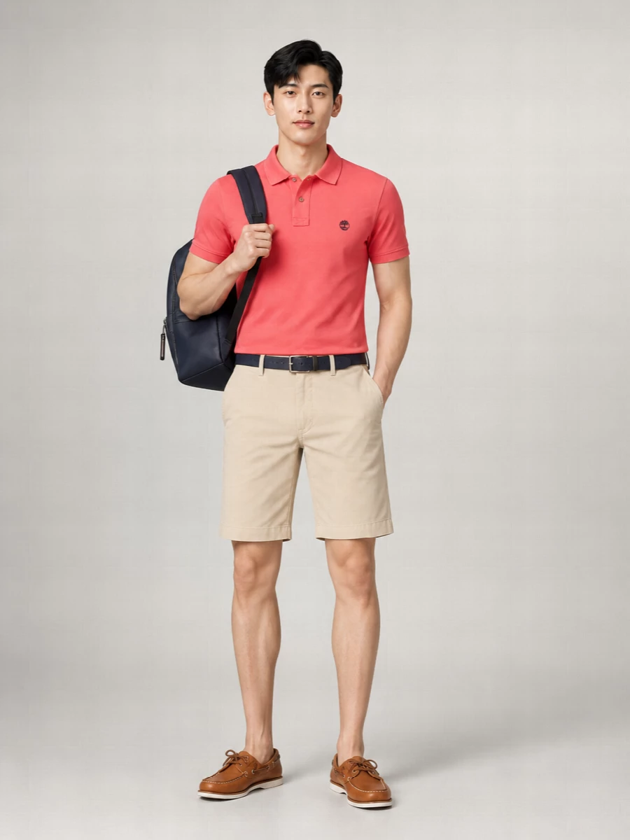 Coral and stone keep this outfit fresh and easy, with the chino short giving the polo a slightly smarter edge than pure loungewear. Tan boat shoes underline the preppy, nautical feel while a navy belt and backpack quietly tighten the color story for warm-weather days when you want casual polish.