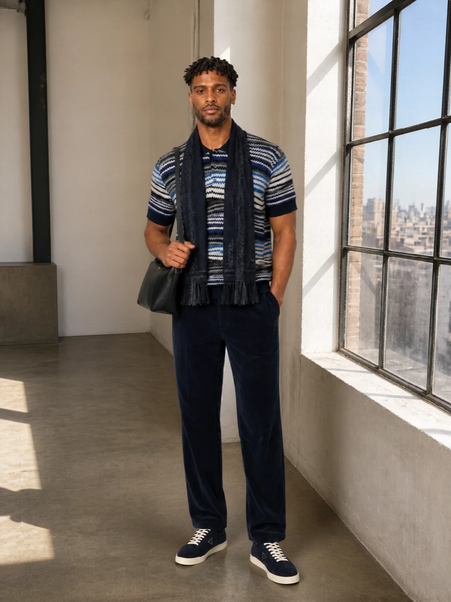 Missoni polo prada navy corduroy trousers outfit