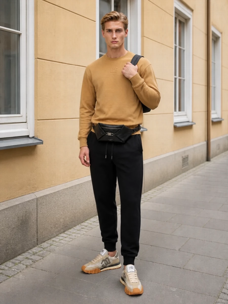 Dolce gabbana beige sneakers caramel sweatshirt outfit