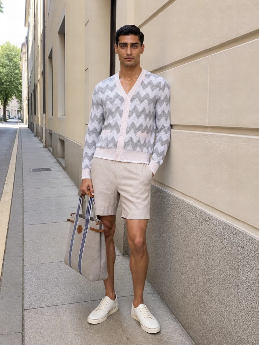 Missoni cardigan beige shorts white sneakers