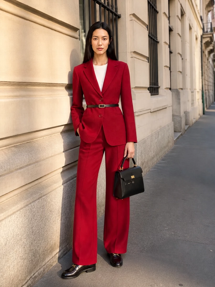 Deep red tailoring is the statement here, handled in a clean tonal suit that feels confident rather than loud. Polished black leather accessories and a slim belt sharpen the high-waisted wide leg, keeping the proportions long and lean.