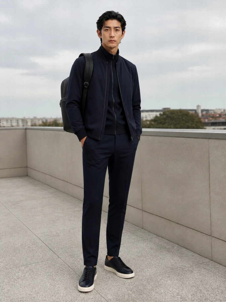 Boss navy bomber tailored trousers outfit