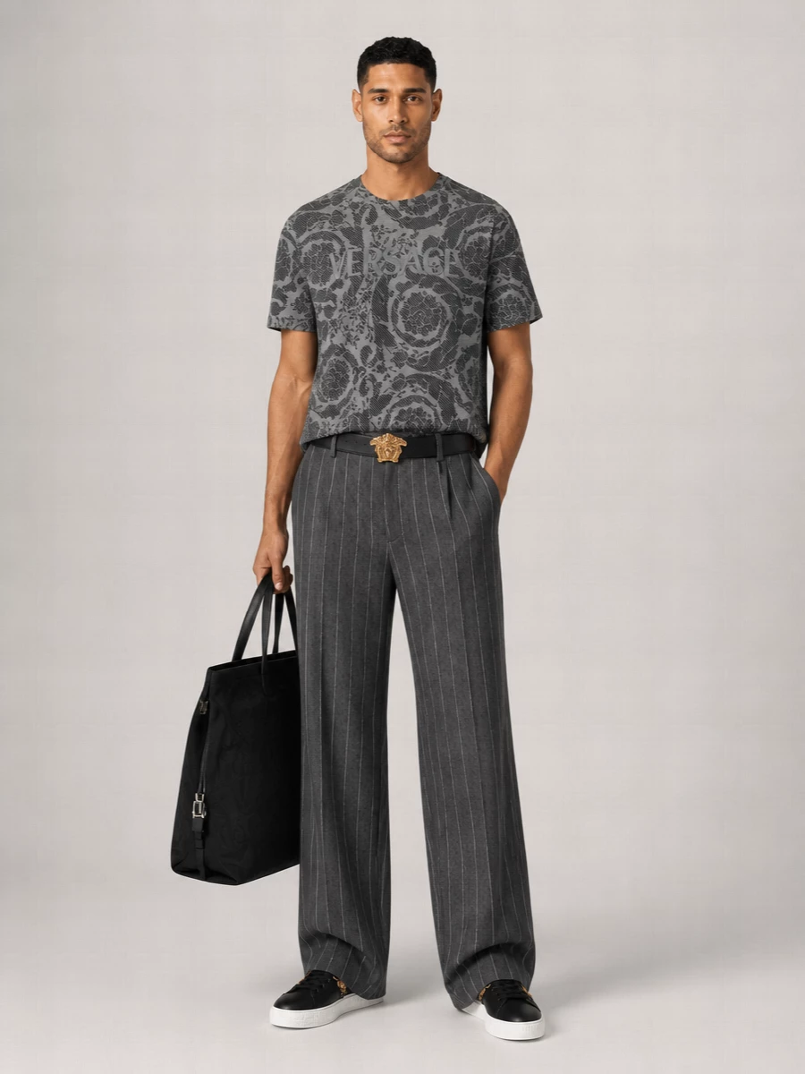 Versace Printed Virgin Wool Wide-Leg Trousers