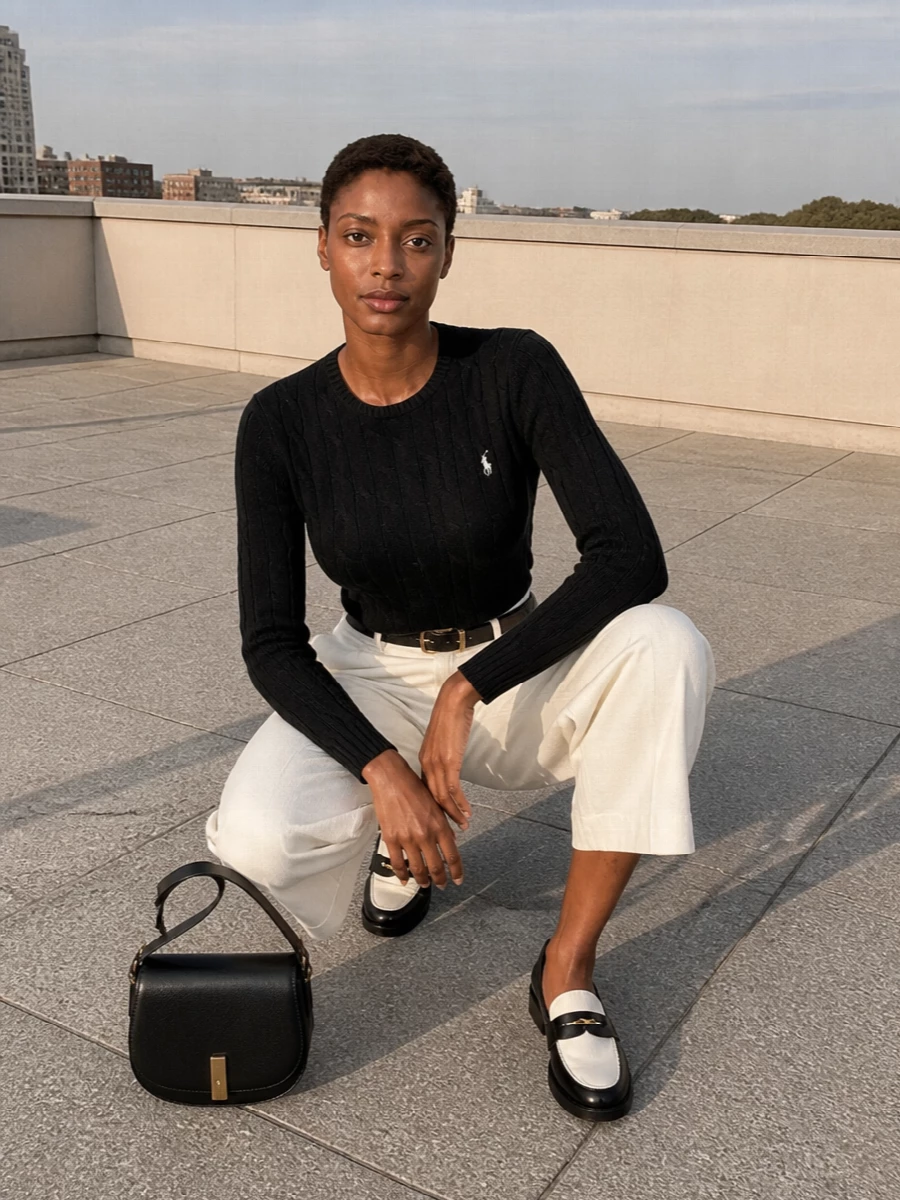 Ralph lauren black cable sweater ivory trousers