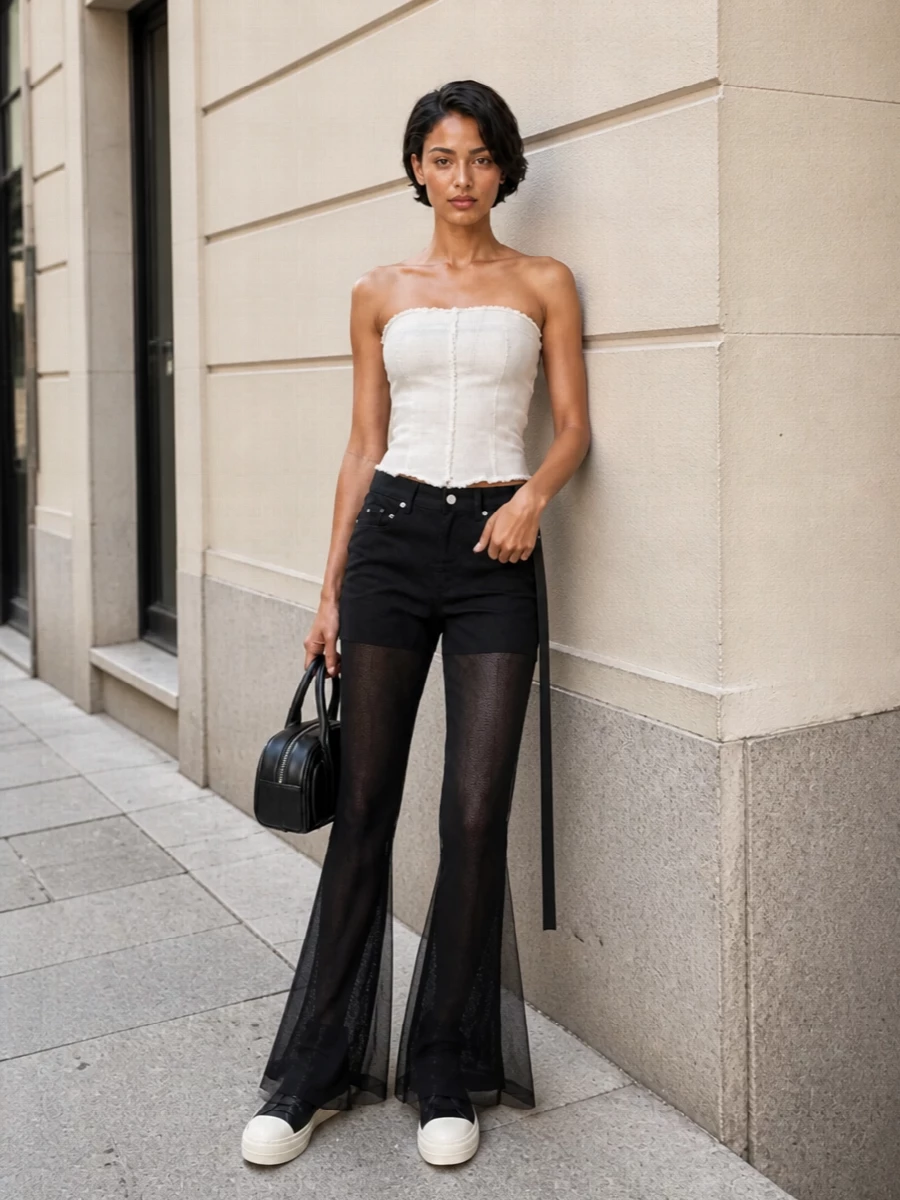 Rick owens sheer corset top flared pants outfit