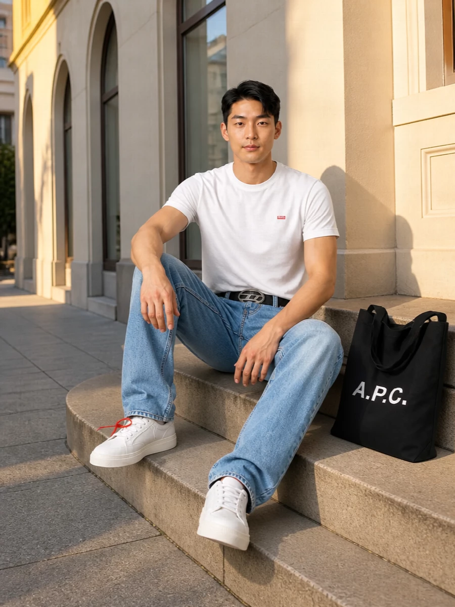 A crisp white Diesel tee sits over sun-faded straight denim for a clean, easy street uniform that still feels considered. Off-White sneakers echo the white and red hits, keeping everything tight in palette and mood. A black A.P.C. tote and bold Diesel belt add just enough structure and branding without crowding the simplicity.