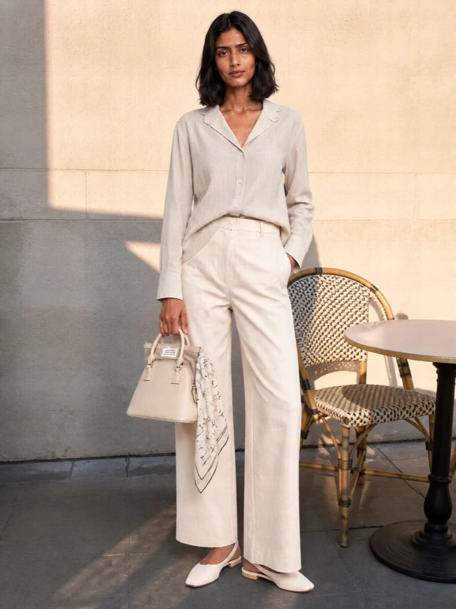 Mm6 striped shirt ivory wide leg trousers