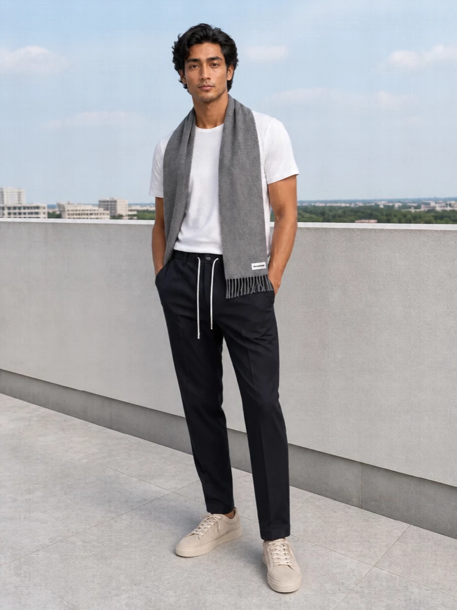 Zegna white tee navy trousers tods sneakers