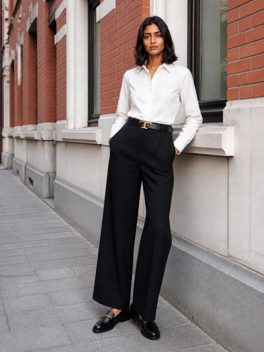 Parosh black wide leg trousers white shirt outfit