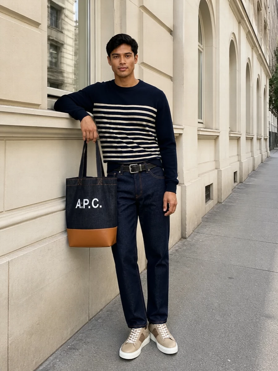 Apc striped sweater dark jeans sneakers