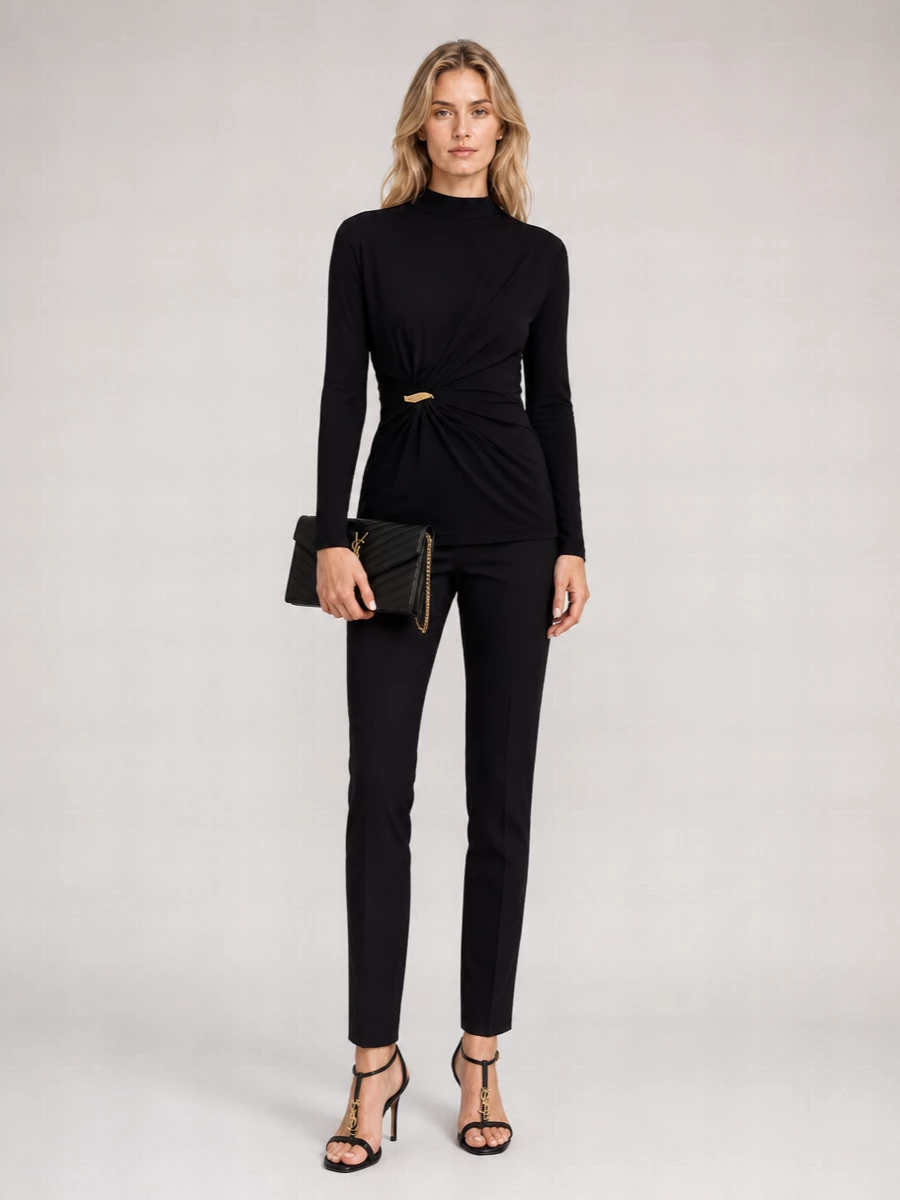 This is a precise black evening ensemble that lets the Saint Laurent envelope bag do the talking. The sculpted Bottega dress and fine Versace straps create a long, lean line with just enough gold to feel intentional rather than ornate. Opting for the dress route keeps the mood clean and minimal, perfectly tuned to the bag’s structured Parisian polish.