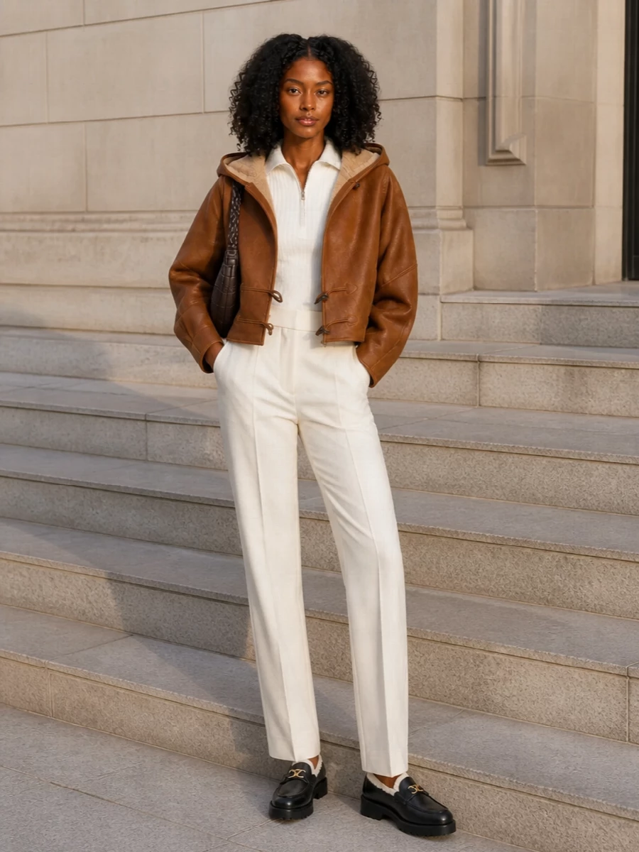 I am building around the jacket with a knit-and-trouser foundation rather than a dress, so the volume at the top stays cocooned while the bottom line remains long and precise. Ivory ribbed Courrèges and tailored Jacquemus trousers keep the mood quietly luxurious and tonal, with black shearling Valentino loafers and a dark Lemaire crescent bag adding just enough depth and structure. The result is a winter city uniform that feels warm, restrained, and distinctly Parisian in attitude.