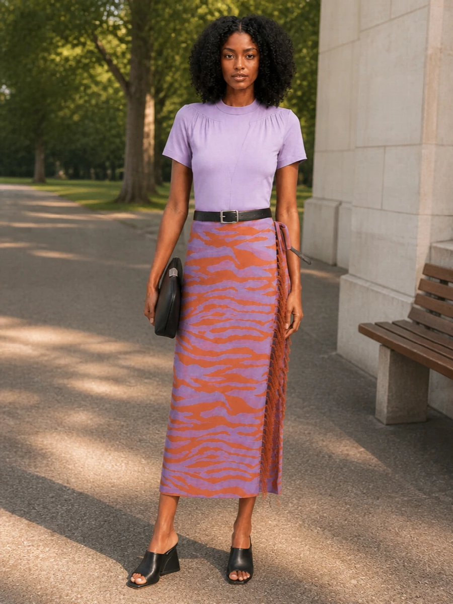 A lilac Attico tee picks up the skirt’s purple and smooths out the tiger print into a sleek, monochrome-inflected column. Black sculptural wedges and a structured clutch pull the palette into evening territory, with a slim belt quietly defining the waist. It feels beach-club playful but fully ready for rooftop cocktails the moment the sun drops.