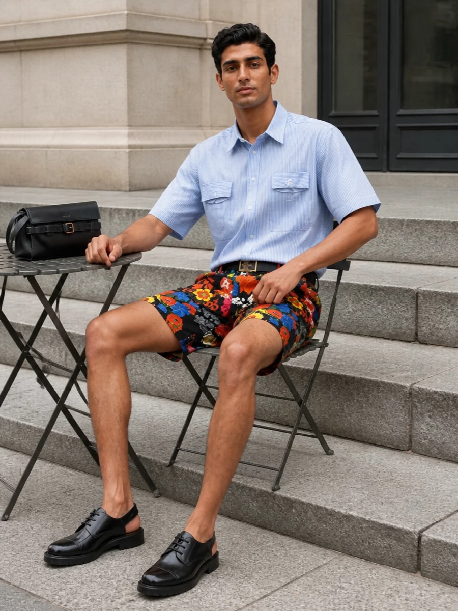 Moschino floral shorts striped shirt outfit