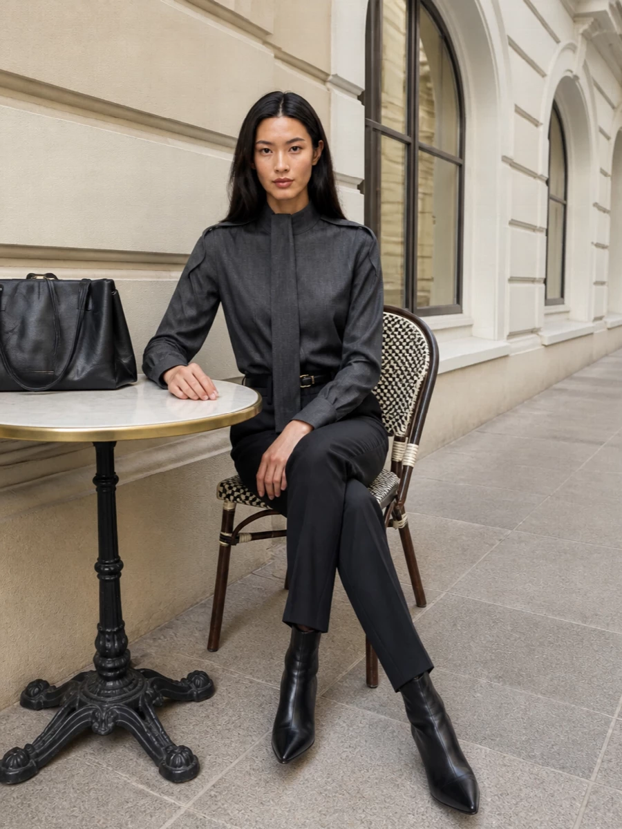 Charcoal suiting fabric runs from the high-waisted trouser into the longline mock-neck shirt, creating a lean, column silhouette that feels intelligent and assured. A pointed black ankle boot and structured shoulder bag sharpen the proportions, while a slim black belt quietly marks the waist without breaking the clean lines. This is precise, boardroom-ready tailoring that moves easily into a late dinner.