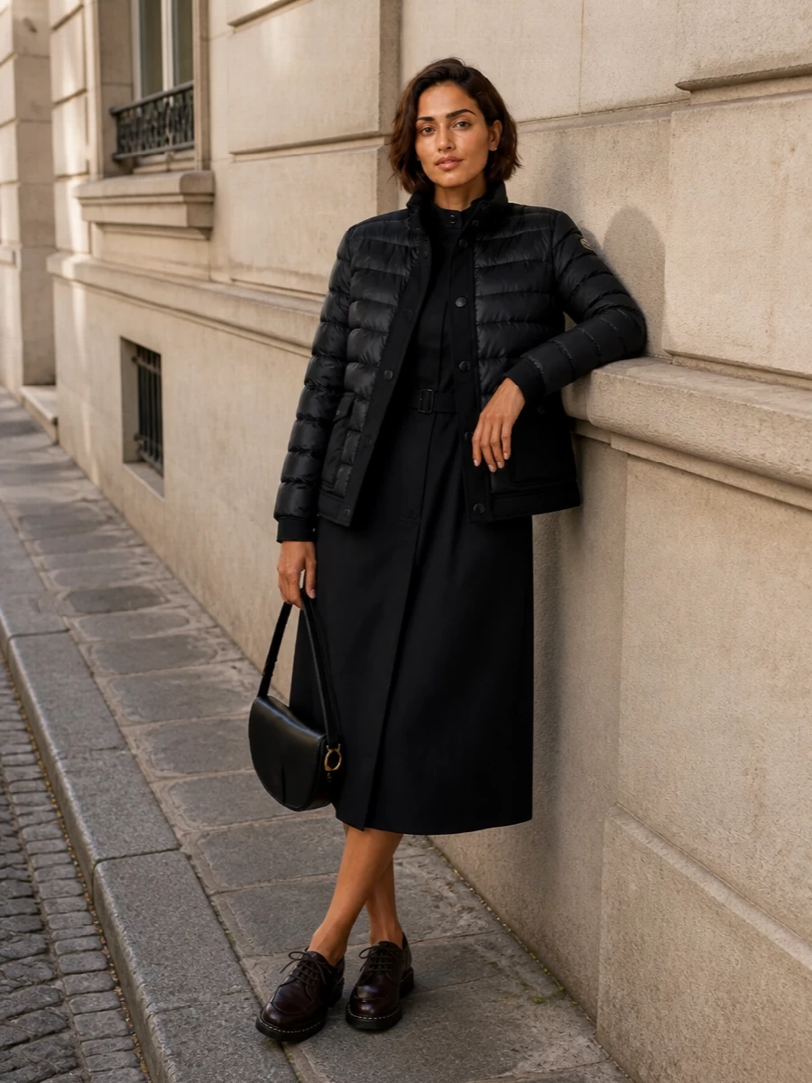 I’m styling the Moncler puffer over the Lemaire ink shirt dress to keep everything long, dark and quietly architectural rather than breaking the line with separate top and trouser. The Paraboot derbies ground the silhouette with a subtle utilitarian edge, while the curved Patou shoulder bag adds just enough structure and gold hardware to read city-ready without tipping into overt eveningwear. The result is a calm, intelligent uniform for transitional days where you move between meetings, galleries and dinner without changing.