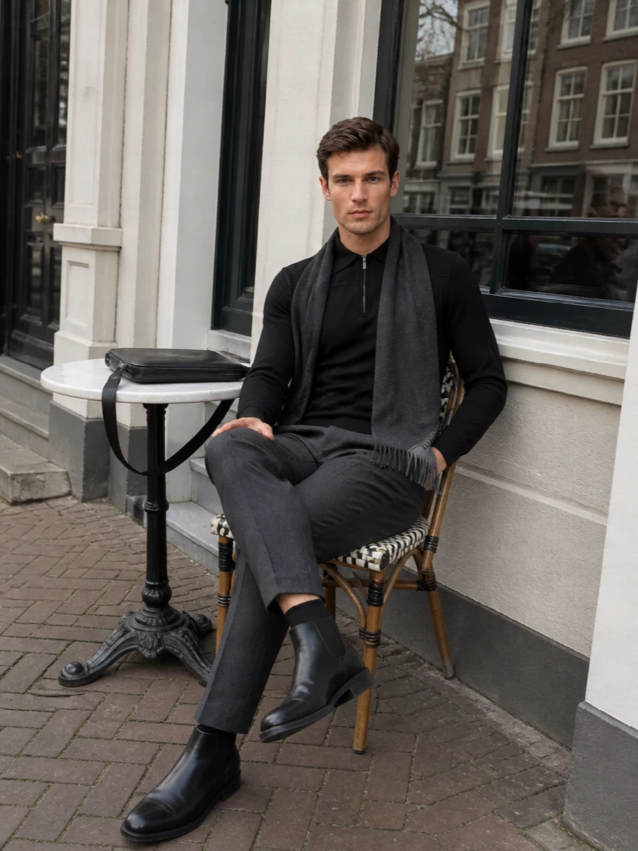 Prada charcoal trousers black knit chelsea boots