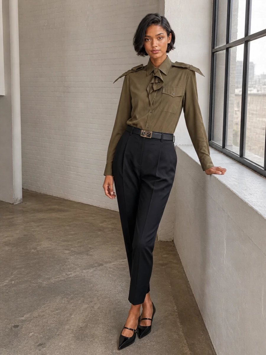 Prada military shirt black tailored trousers outfit