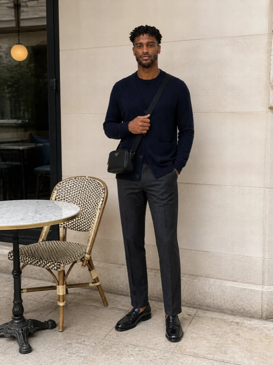Prada navy cardigan grey trousers outfit