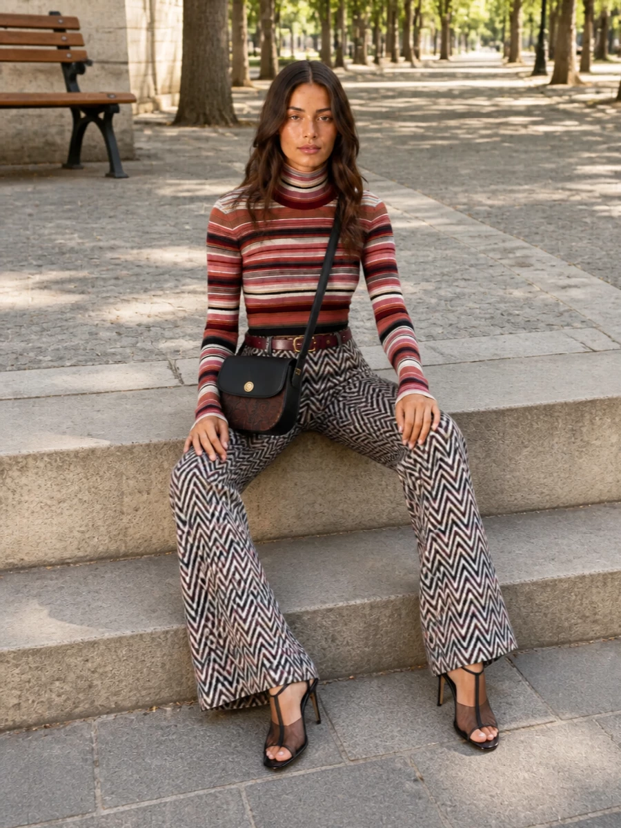 Missoni chevron flared trousers turtleneck outfit