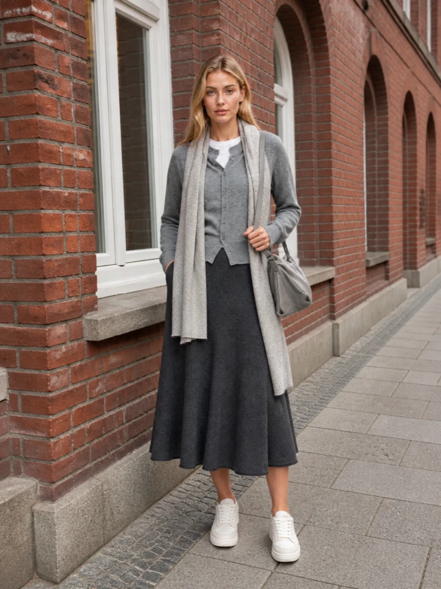 Soft heather grey knits and charcoal tones build a quiet, collegiate-feeling uniform that slips from office to off-duty without a change of base. The flared midi introduces movement against the neat crew cardigan, while clean off white sneakers and a structured grey shoulder bag keep the finish modern and precise. It is a monochrome, tactile take on preppy that feels calm yet considered for cool-season days.