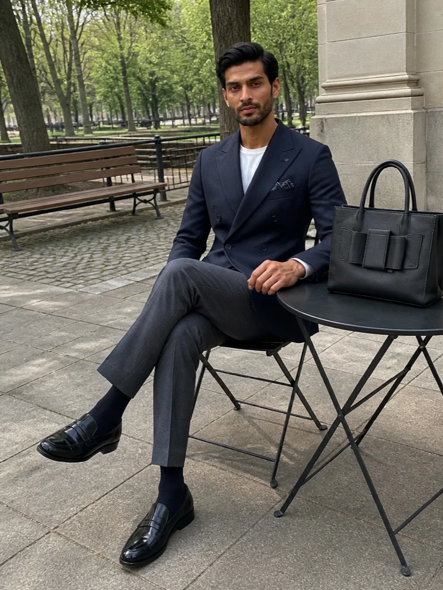 Tagliatore navy blazer charcoal trousers loafers