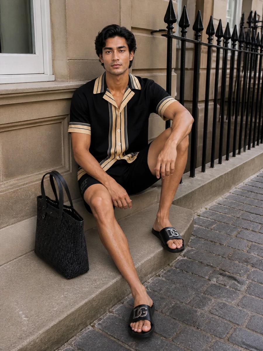 A monochrome resort uniform built around clean lines and precise details, this pairing keeps the focus on texture and proportion rather than loud branding. The graphic camp shirt softens the swim shorts’ athletic edge, while cross-strap slides, a structured woven tote and a sharp belt lean the whole outfit toward the resort bar as much as the pool. It is understated, confident and ready for warm evenings by the water.