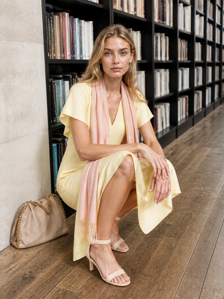 Soft butter yellow, cream and champagne sit together in a calm, tonal palette that feels polished for daytime events that run into evening. The fluid asymmetric dress stays the focus, with barely-there cream sandals and a chain-trim shoulder bag adding just enough structure and shine. A blush scarf brings a subtle romantic note without disturbing the minimalist lines.