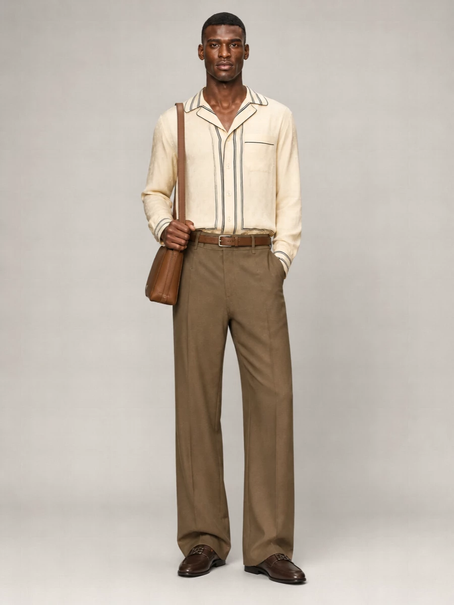 A camel wide-leg trouser is paired with a buttercream pajama-style shirt for a soft, elongated line that feels relaxed yet meticulously put together. Dark brown loafers, a tan leather shoulder bag and a chestnut belt anchor the palette, keeping the mood polished and warm for city days or low-key summer evenings. The balance of fluid top and structured accessories lets the high rise and drape of the trouser stay at the center of the silhouette.