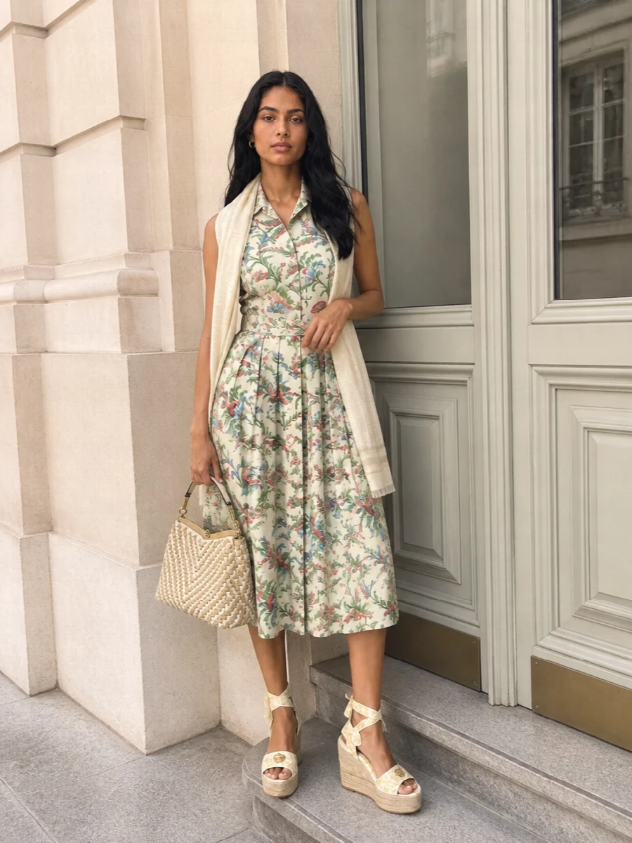 A romantic Etro garden dress stays front and center, framed by cream and raffia accents that feel sunlit rather than busy. The soft espadrille wedge and woven top-handle bag keep the mood polished but relaxed, ideal for terrace lunches or outdoor celebrations. A whisper-light ivory stole finishes everything with just enough softness around the shoulders.
