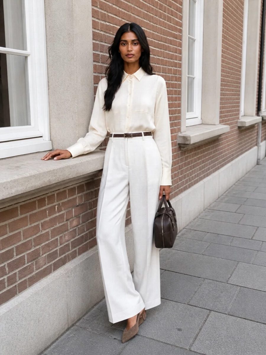 Brunello cucinelli wide leg trouser silk shirt outfit