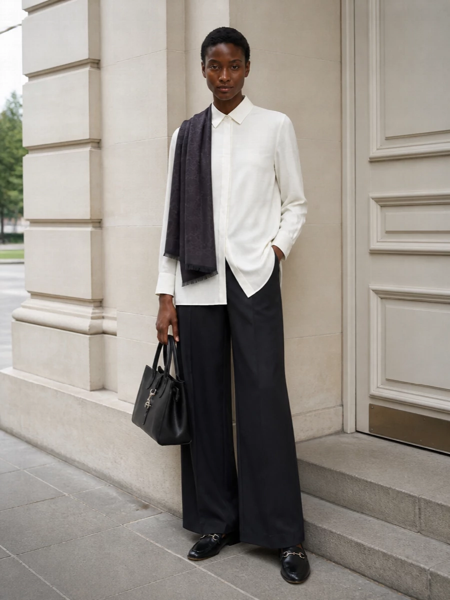 Gucci wide leg trousers ivory shirt loafers
