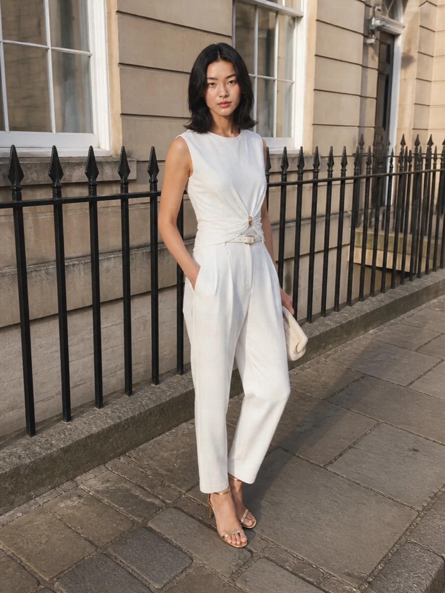 Elisabetta franchi white trouser outfit gold sandals