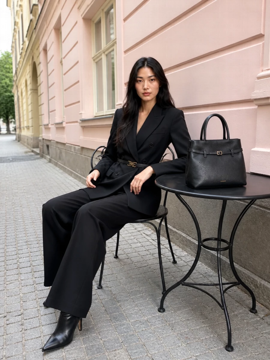 A sharp black Isabel Marant suit keeps the focus on cut and proportion, the high-waisted wide leg grounded by a cinched waist and precise shoulders. Pointed stiletto boots disappear under the hem, extending the line, while a structured top-handle bag and slim logo belt bring just enough polish for client meetings that roll into dinner.