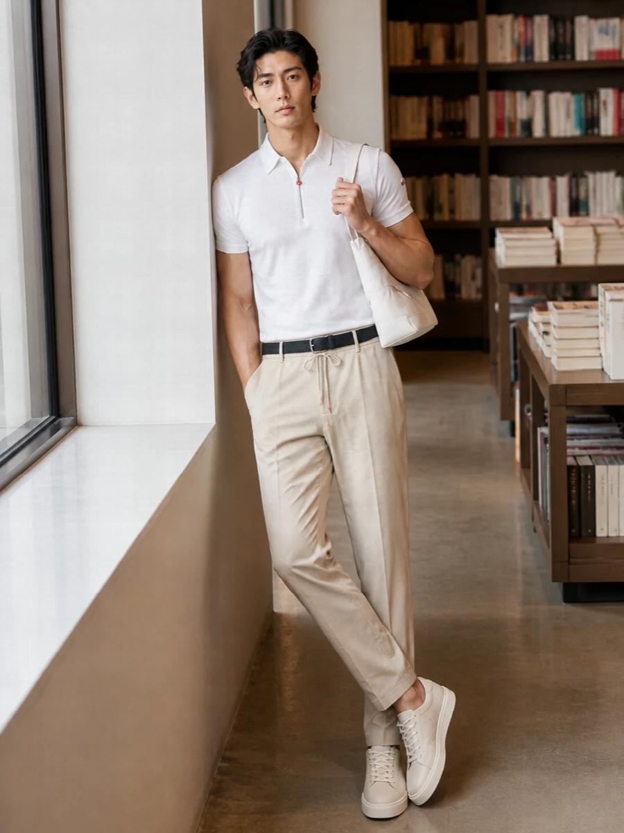 A crisp white zip polo sits above light beige drawstring trousers for a clean, sunlit take on smart casual. Cream leather sneakers keep the line relaxed yet precise, while the sculptural white shoulder bag and slim navy belt add quiet intent without disturbing the calm palette. It is an easy Riviera-ready uniform that reads polished from terrace lunch to city afternoon.