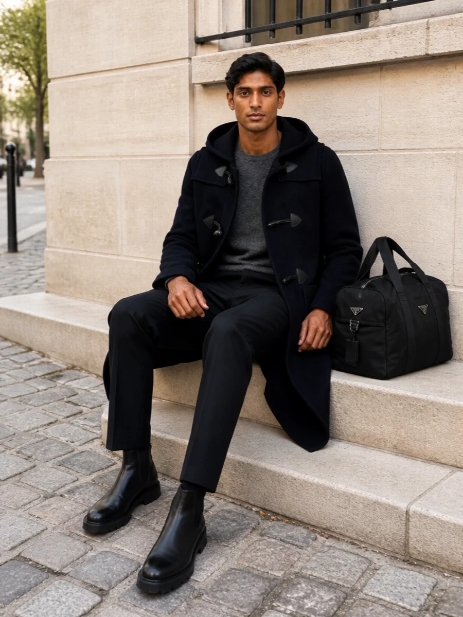 Prada mens navy duffle coat chelsea boots outfit
