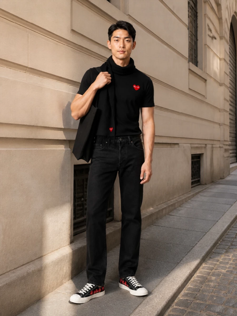 A black and red graphic story kept tight and minimal, this outfit builds around the heart tee with equally clean black denim and sneakers. The straight, regular lines feel easy but intentional, while the simple black tote and discreet scarf keep the energy city-ready and quietly branded. It is an everyday uniform with just enough logo play to feel considered, not loud.