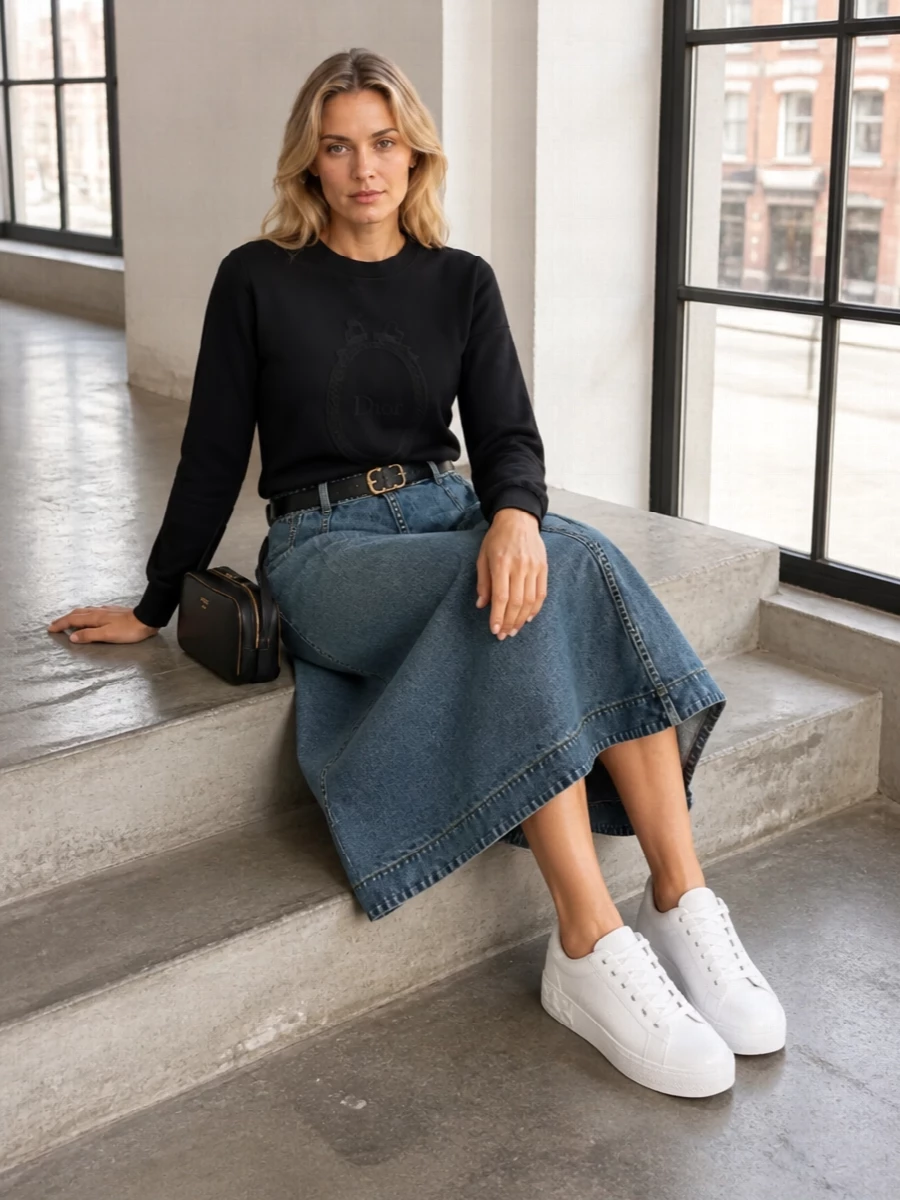 Dior sweater denim midi skirt white sneakers