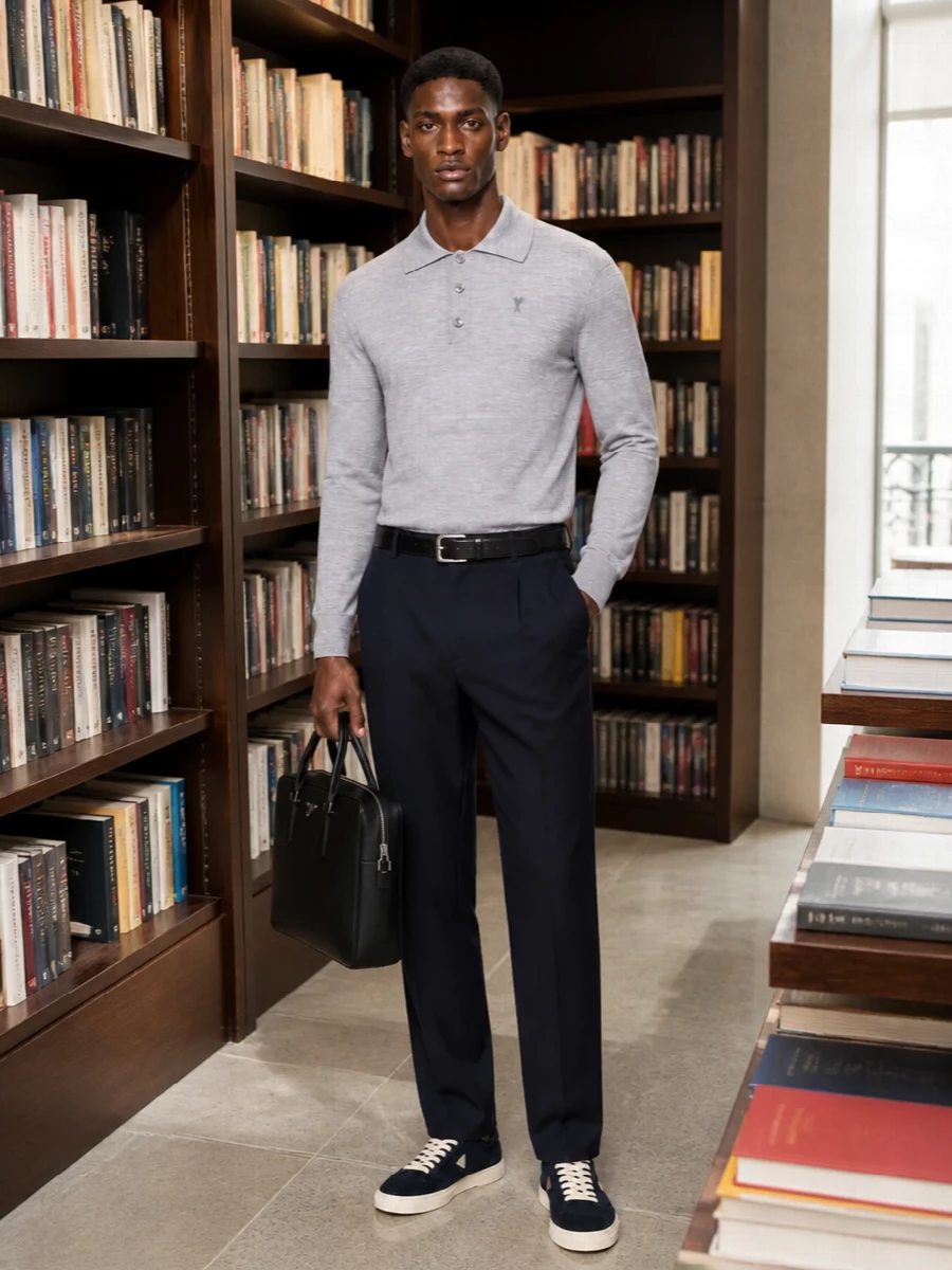 Deep navy pleated trousers pair with a heather grey knit polo for a crisp, modern take on smart dressing that feels precise yet relaxed. Prada navy suede sneakers keep the palette tight while softening the formality, and a structured black briefcase with a clean black belt finishes the ensemble with quiet authority. The result is a disciplined office-ready outfit that moves naturally into dinner without needing to change a piece.