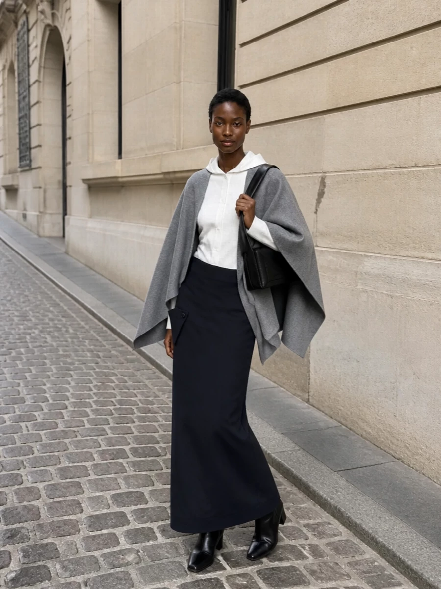 Gaultier white shirt navy column trouser outfit